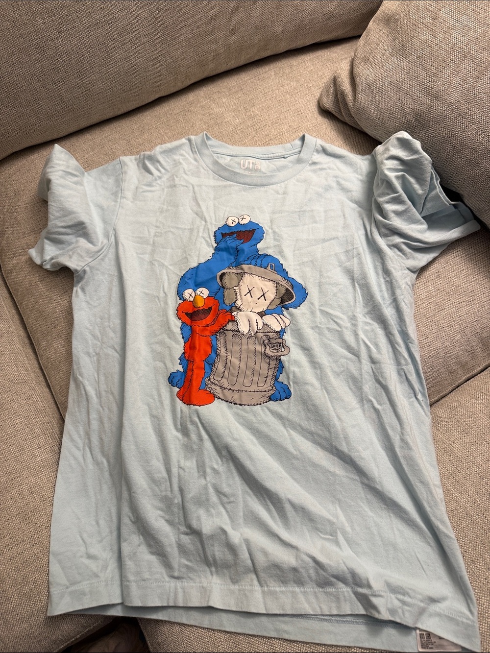 Uniqlo Light Blue Kids Tee with Elmo & Cookie Monster Graphic